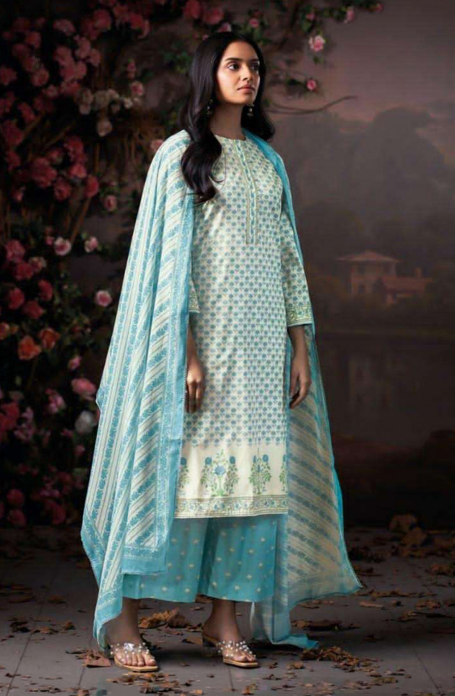 Image of Blue Premium Cotton Unstitched Suit Set with Dupatta - DHR4925A