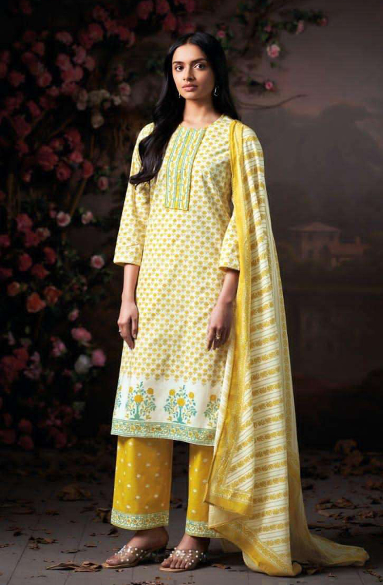 Yellow Premium Cotton Unstitched Suit Set with Dupatta - DHR4925C