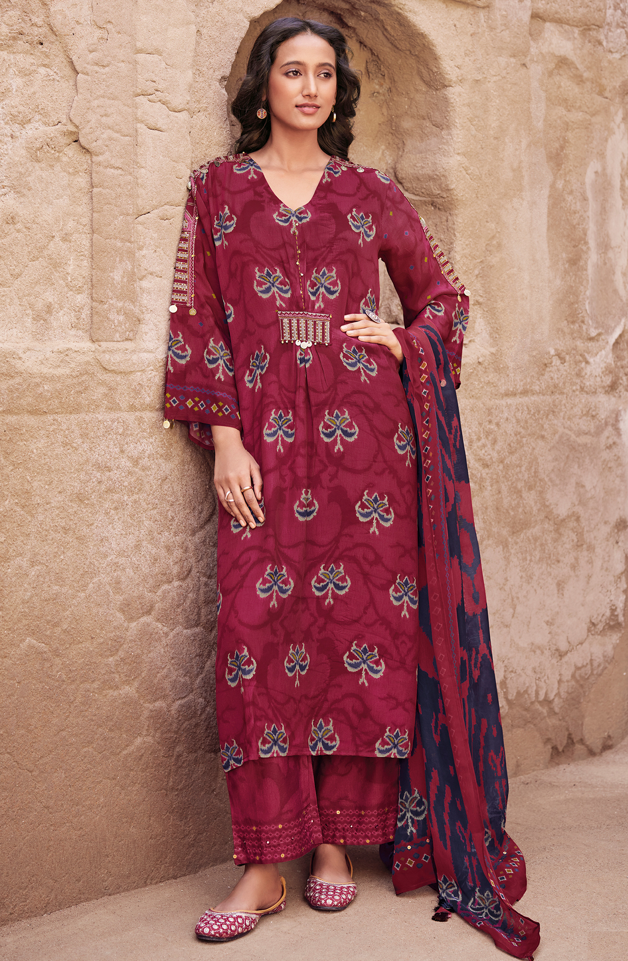 Magenta Crepe Beautiful Digital Printed Unstitched Suit with Organza Dupatta - DIL3401B