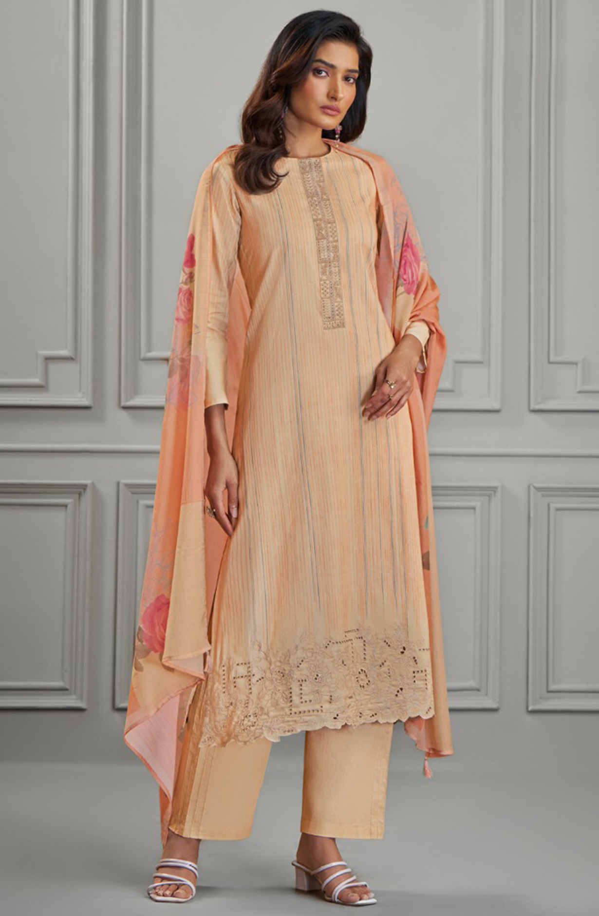 Orange Cotton Lawn Suit Set Cotton Dupatta With Digital Printed Embroidery work - DIV7221D