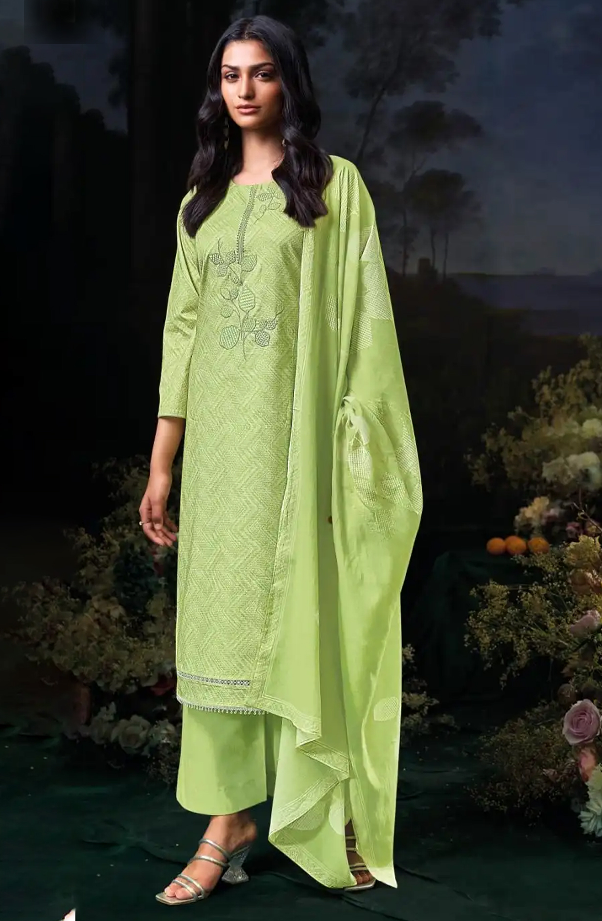 Green Cotton Printed Suit Set with Dupatta- DIVS3597A