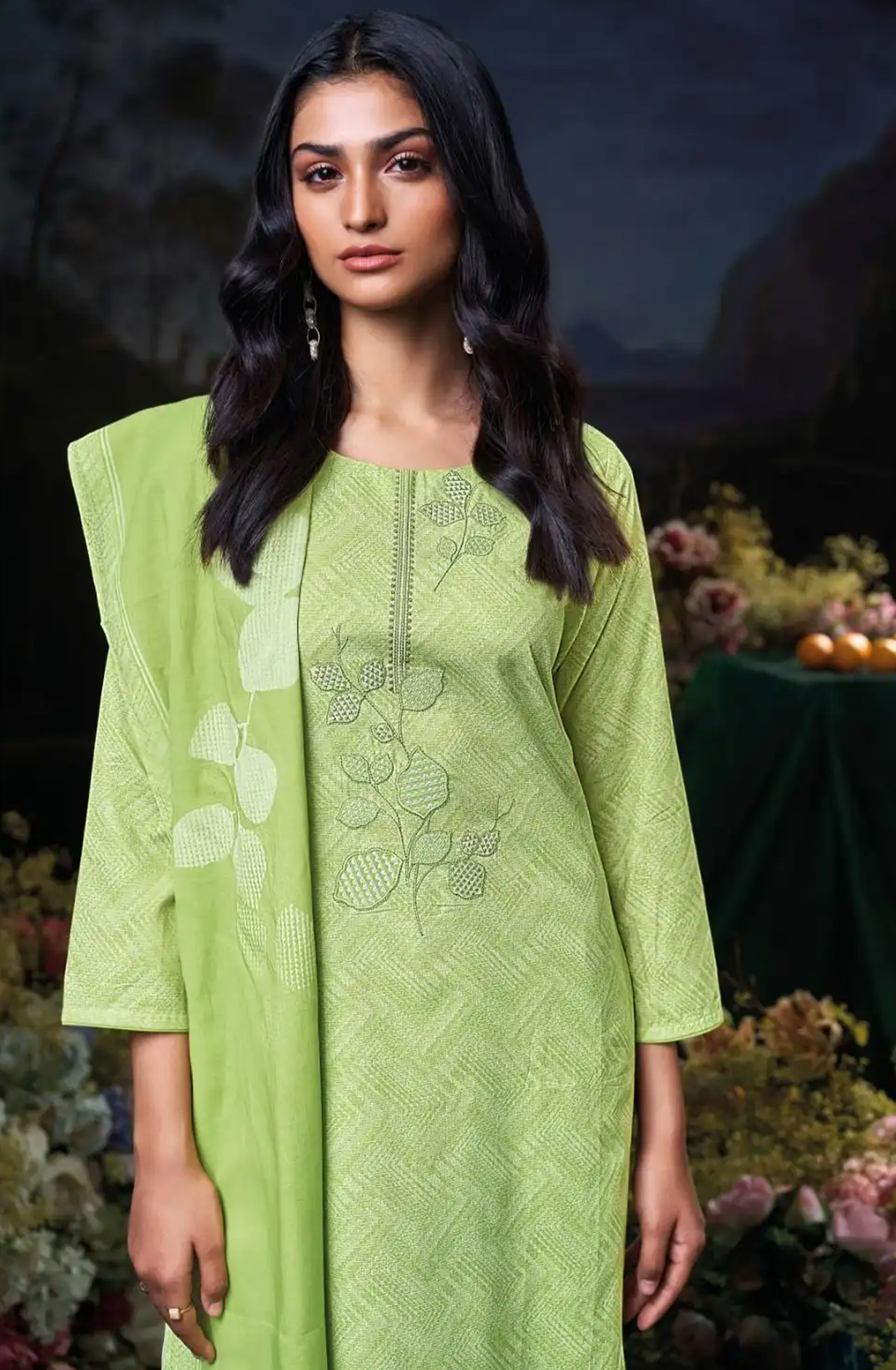 Green Cotton Printed Suit Set with Dupatta- DIVS3597A