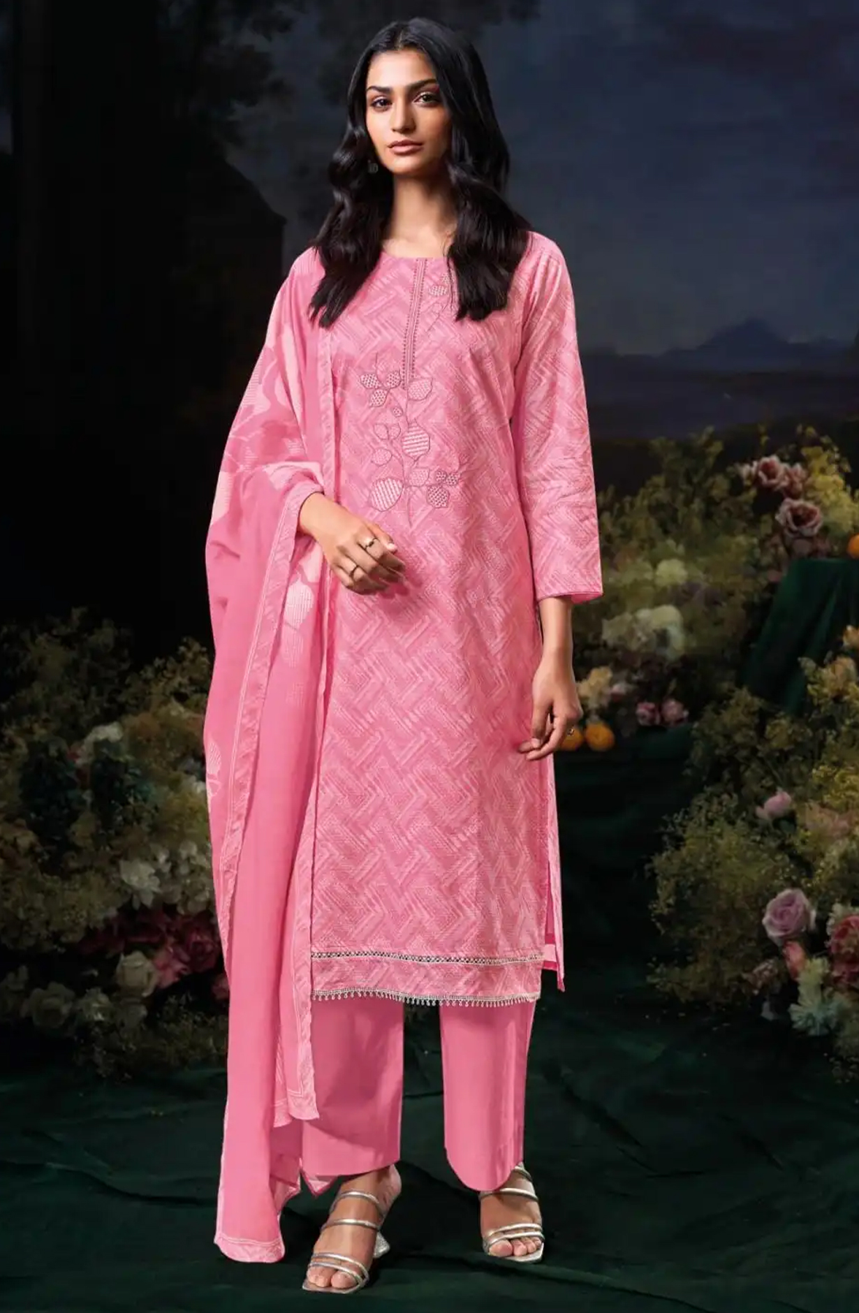 Pink Cotton Printed Suit Set with Dupatta- DIVS3597C