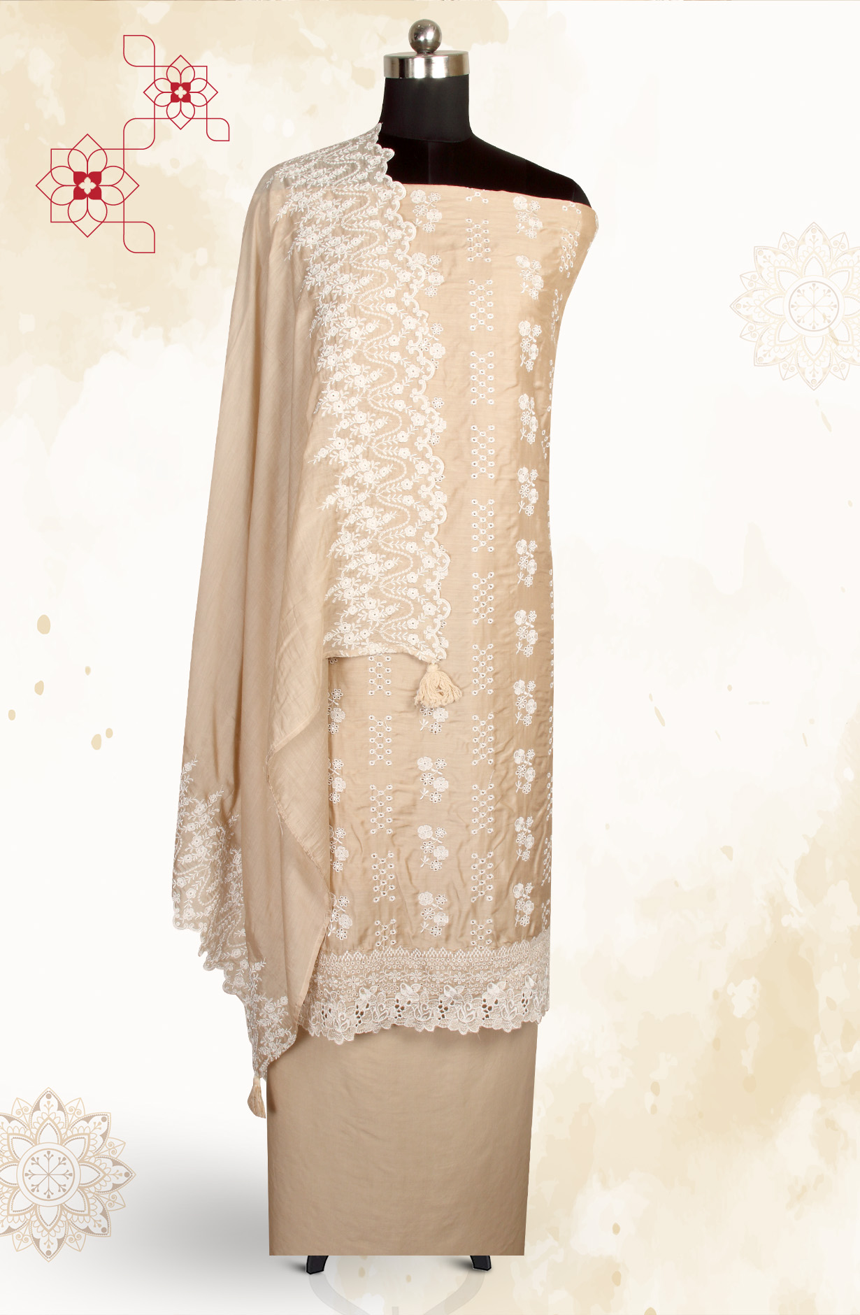 Beige Muslin Embroidered Exclusive Salwar Kameez - DIYNS12530A