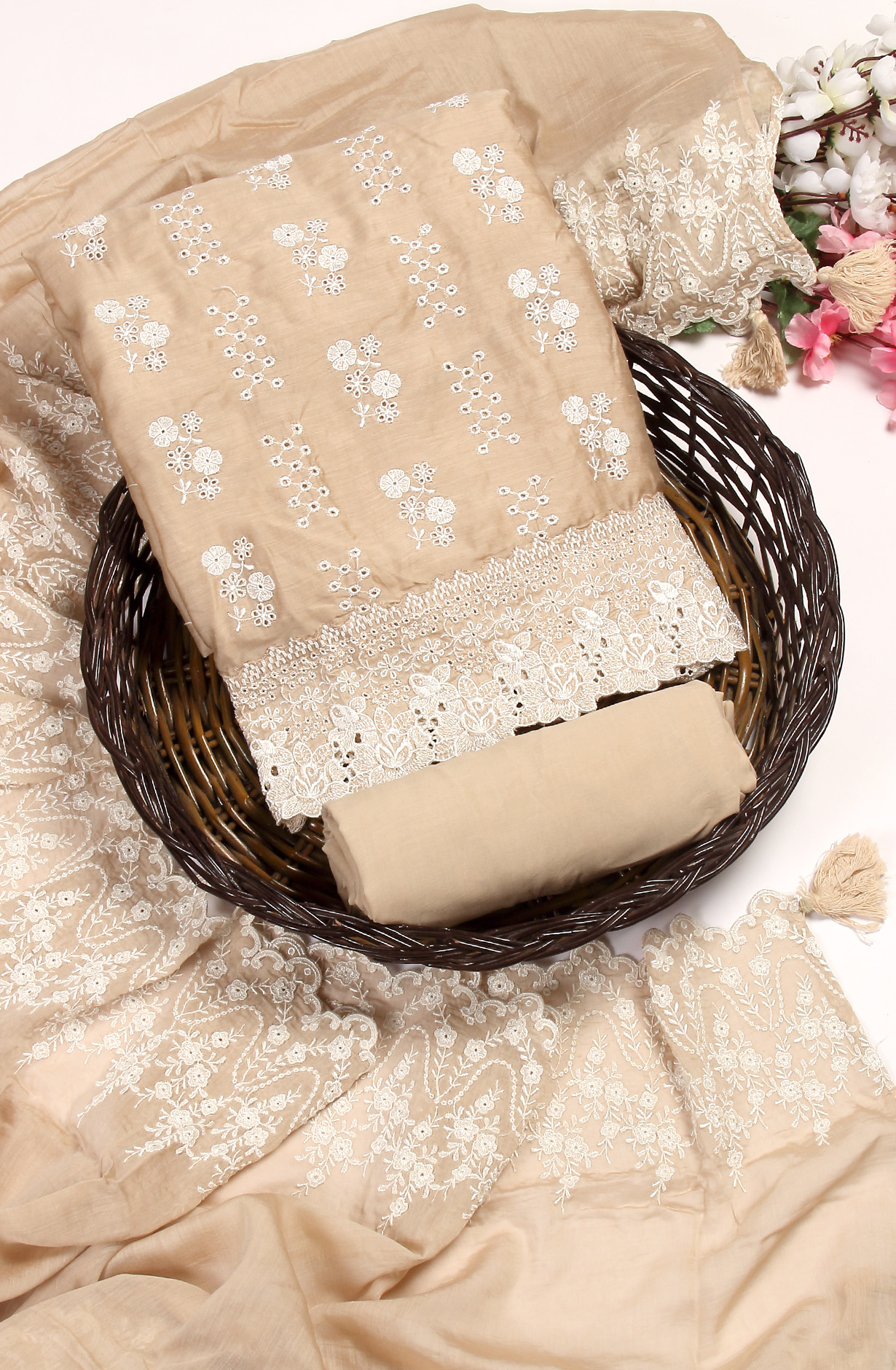 Beige Muslin Embroidered Exclusive Salwar Kameez - DIYNS12530A