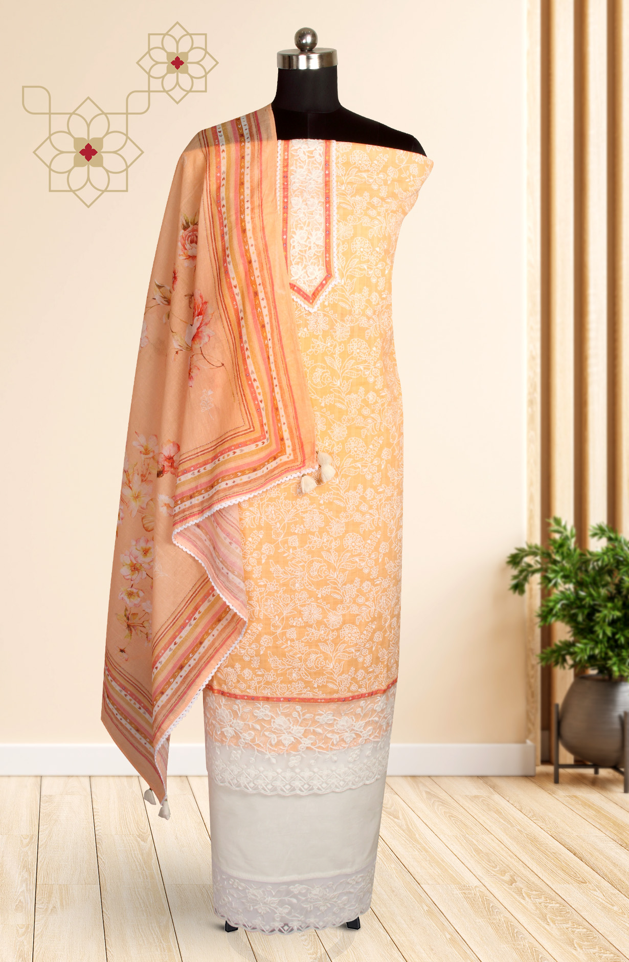 Orange Printed Unstitched Cotton Salwar Suit - DOP7047