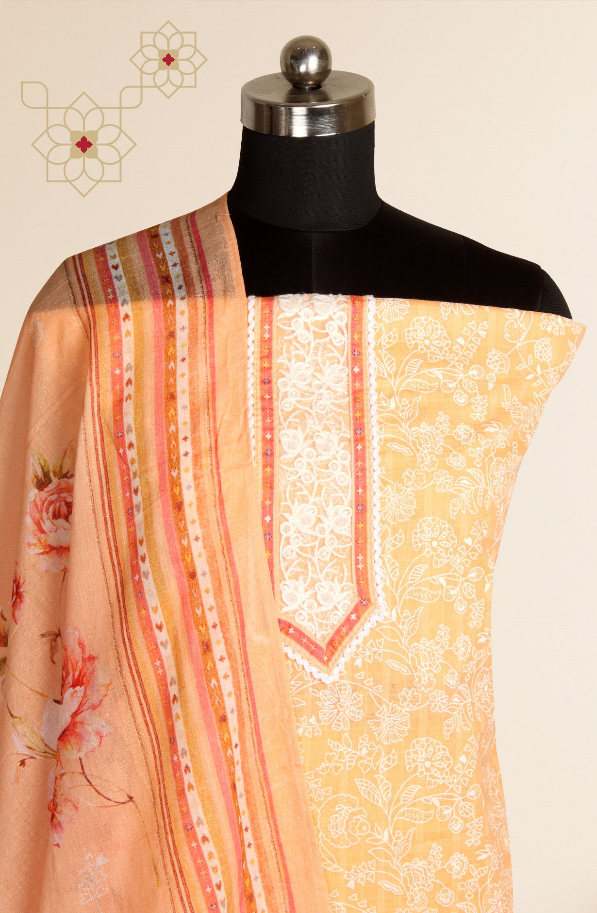 Orange Printed Unstitched Cotton Salwar Suit - DOP7047