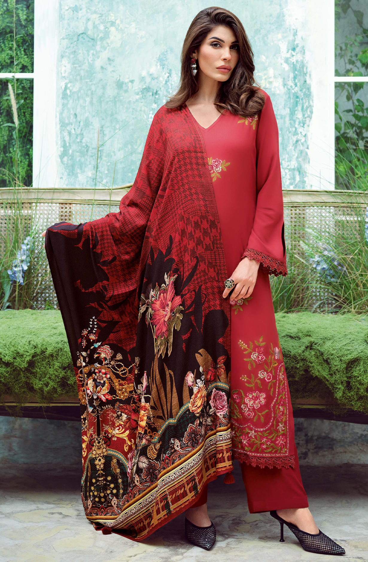 Maroon Viscose Muslin Suit with Dupatta - DREDM01