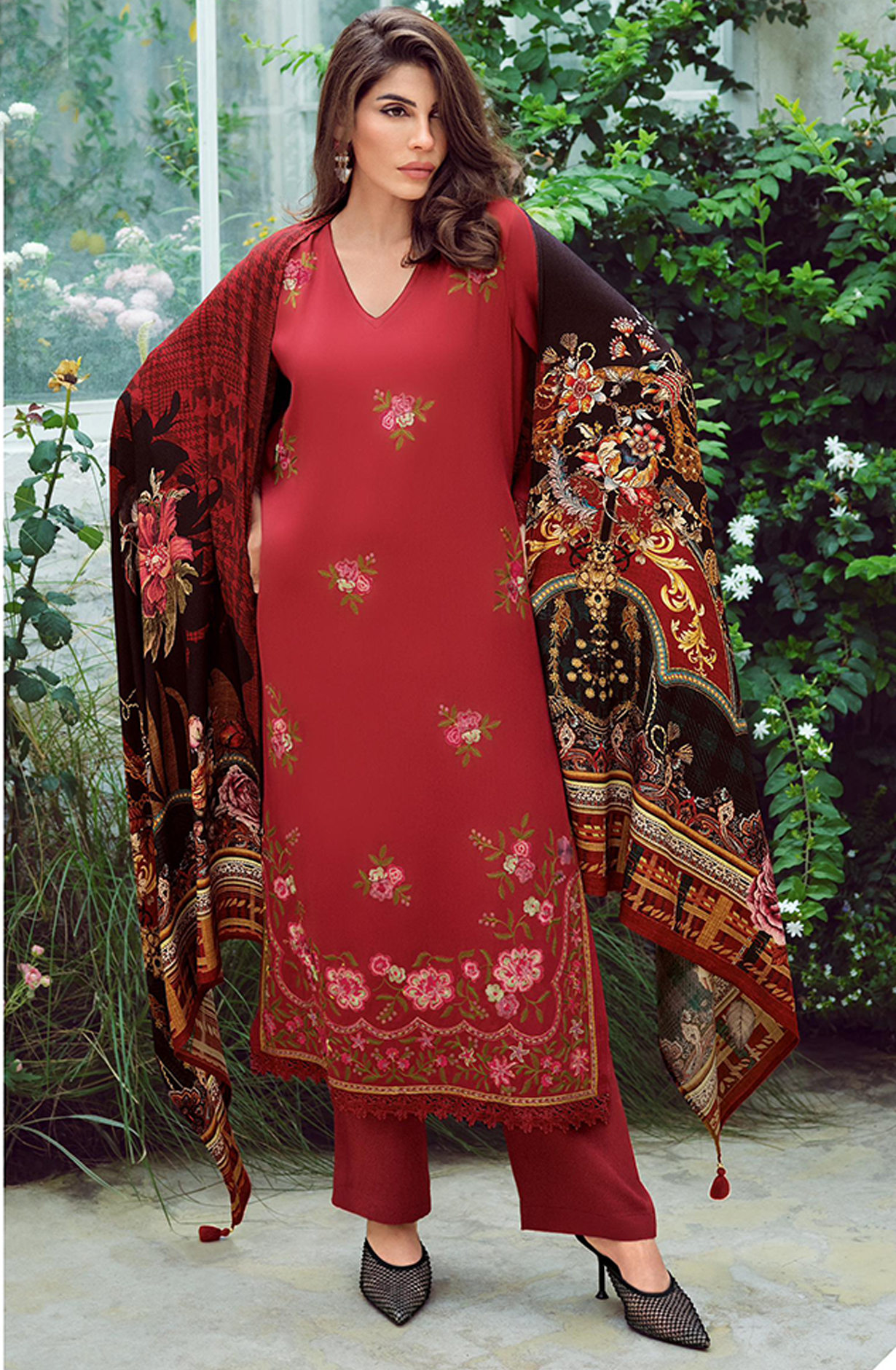 Maroon Viscose Muslin Suit with Dupatta - DREDM01