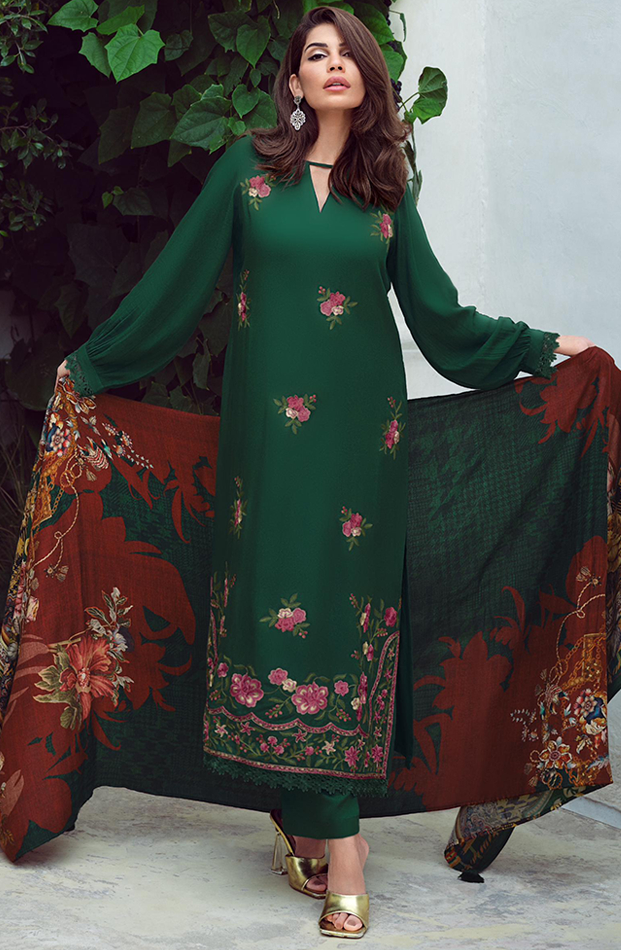Green Viscose Muslin Suit with Dupatta - DREDM02