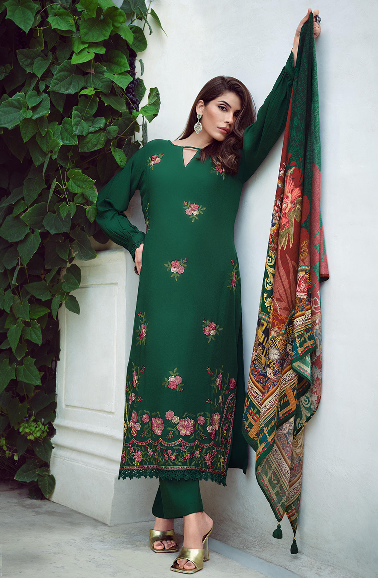 Green Viscose Muslin Suit with Dupatta - DREDM02