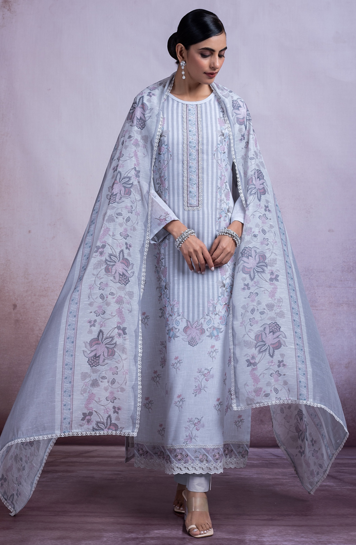 Grey linen Printed Suit with linen Dupatta - DRU2494A