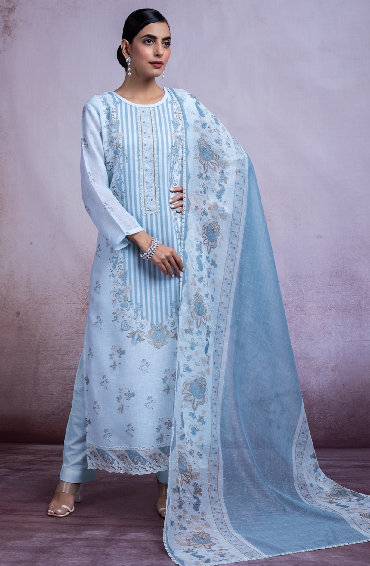 Blue linen Printed Suit with linen Dupatta - DRU2494B