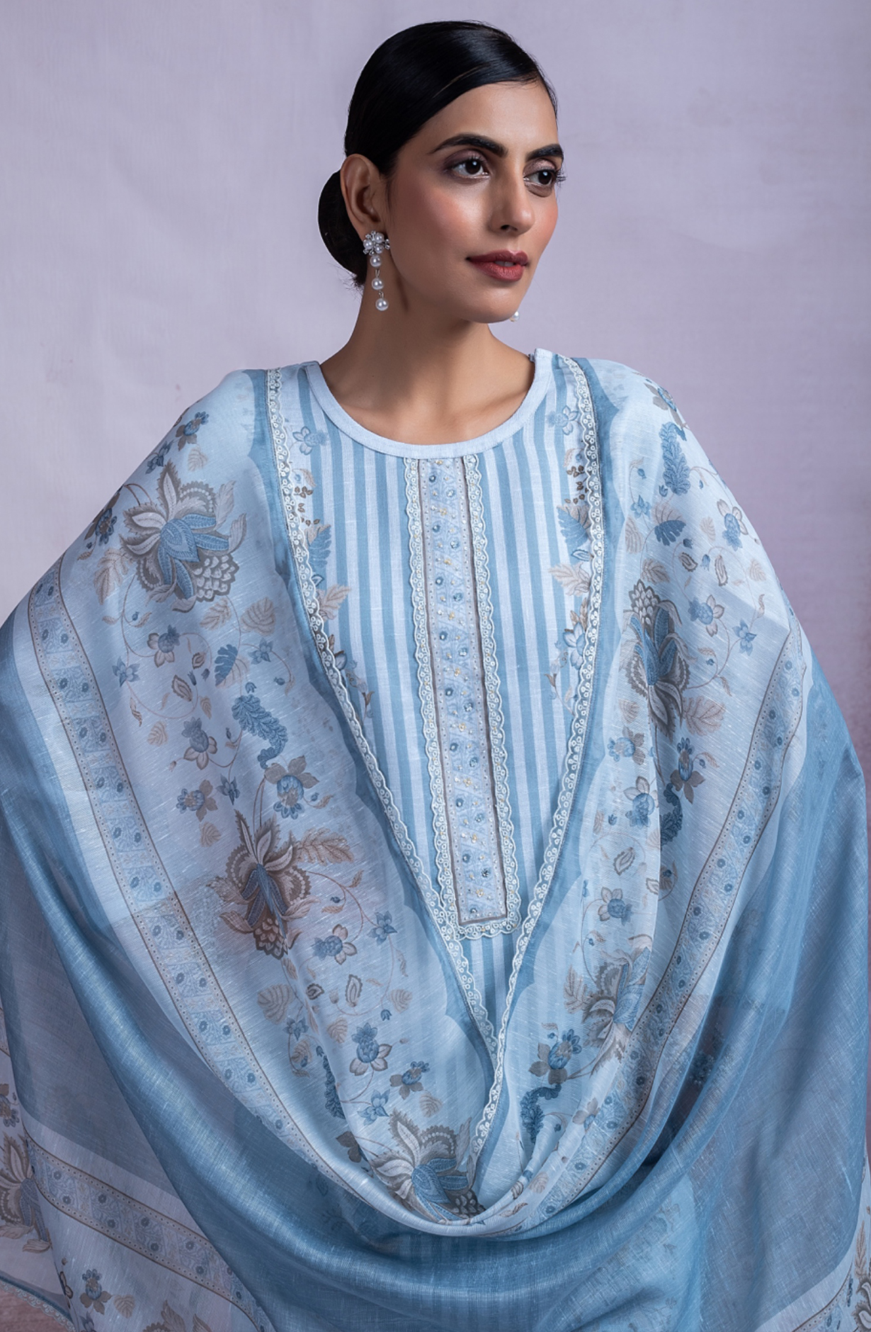 Blue linen Printed Suit with linen Dupatta - DRU2494B