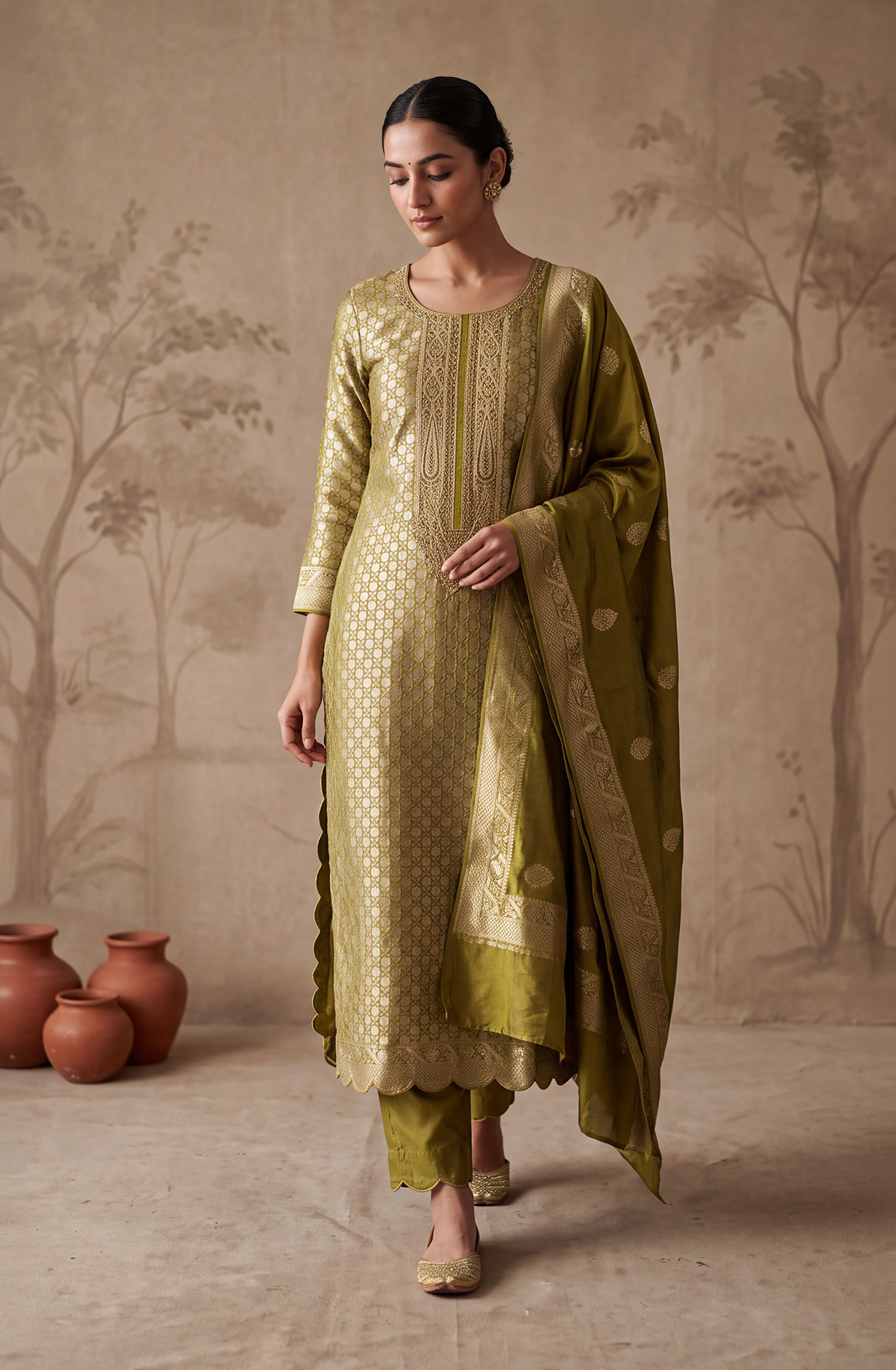 Mehndi Organza Zari Embroidery Unstitched Suit-Set with Dupatta - 131-KE16124C
