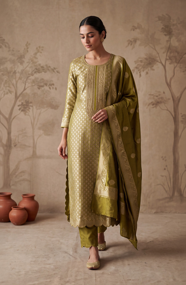 Image of Mehndi Organza Zari Embroidery Unstitched Suit-Set with Dupatta - 131-KE16124C