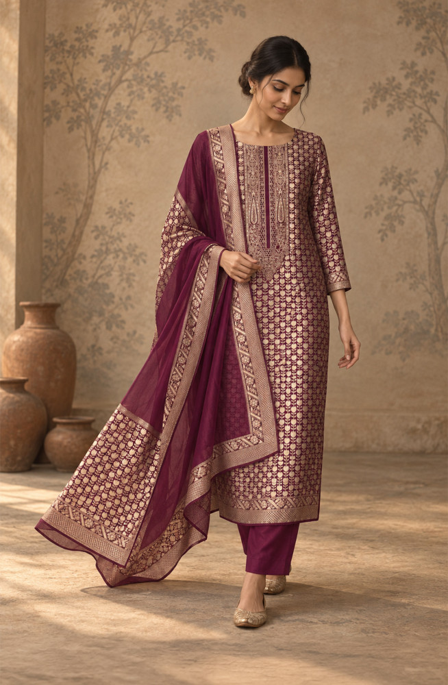 Image of Purple Organza Zari Embroidery Unstitched Suit-Set with Dupatta - 131-KE16124B