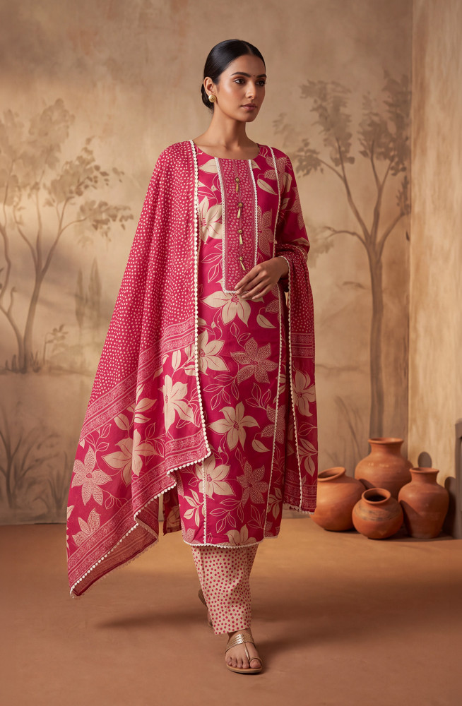 Image of Magenta Cotton Silk Unstitched Suit-Set with Dupatta - 984-RGAJ114