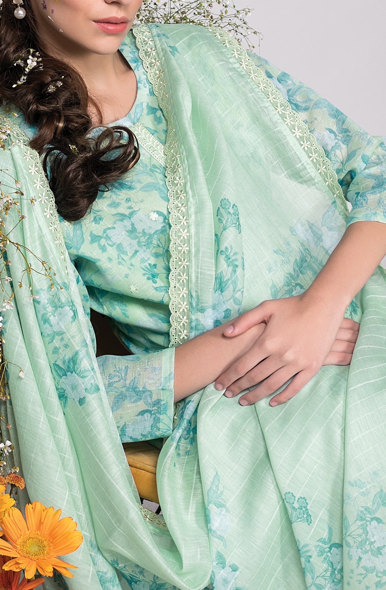 Sea Green Cotton Linen Exclusive Unstitched Suit with Dupatta