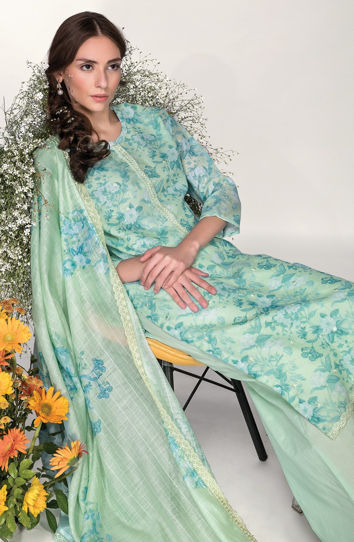 Sea Green Cotton Linen Exclusive Unstitched Suit with Dupatta