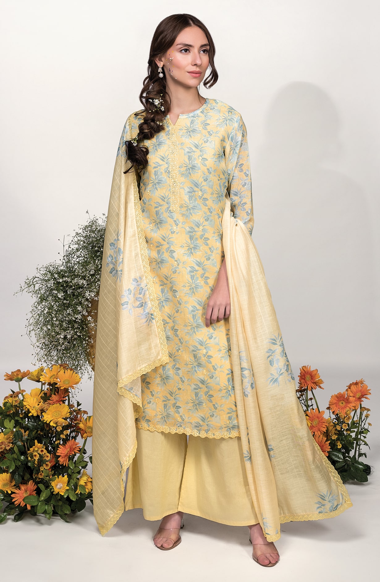 Mustard Cotton Linen Exclusive Unstitched Suit with Dupatta