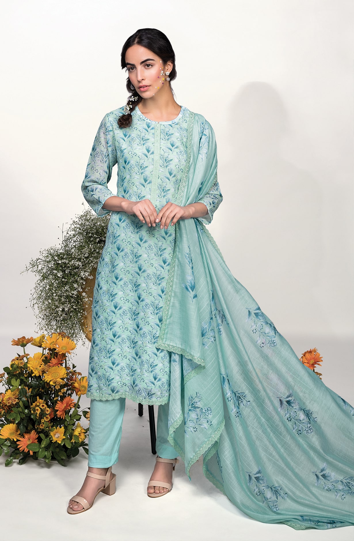Turquoise Cotton Linen Exclusive Unstitched Suit with Dupatta