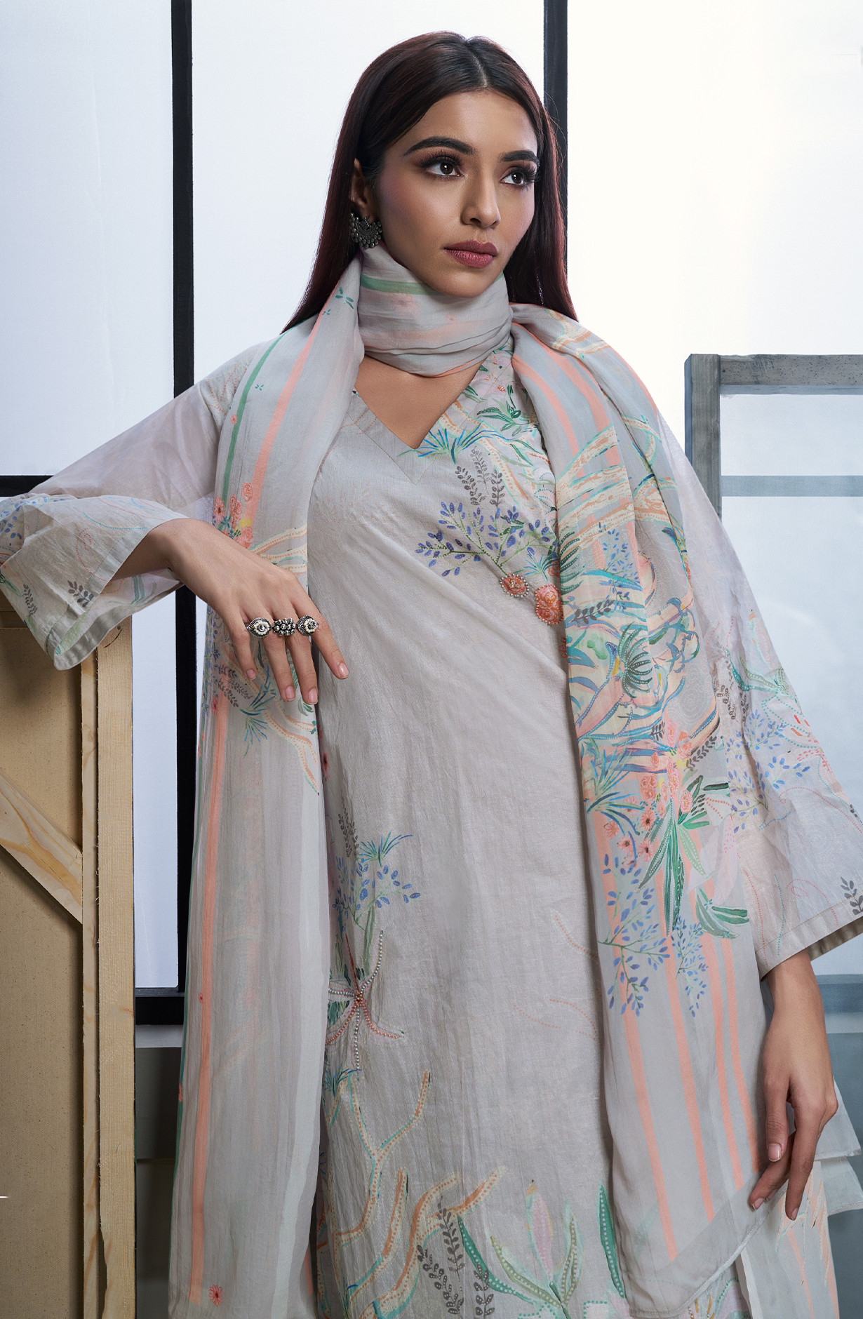 Grey Cotton Digital Printed Unstitched Suit - GUN703