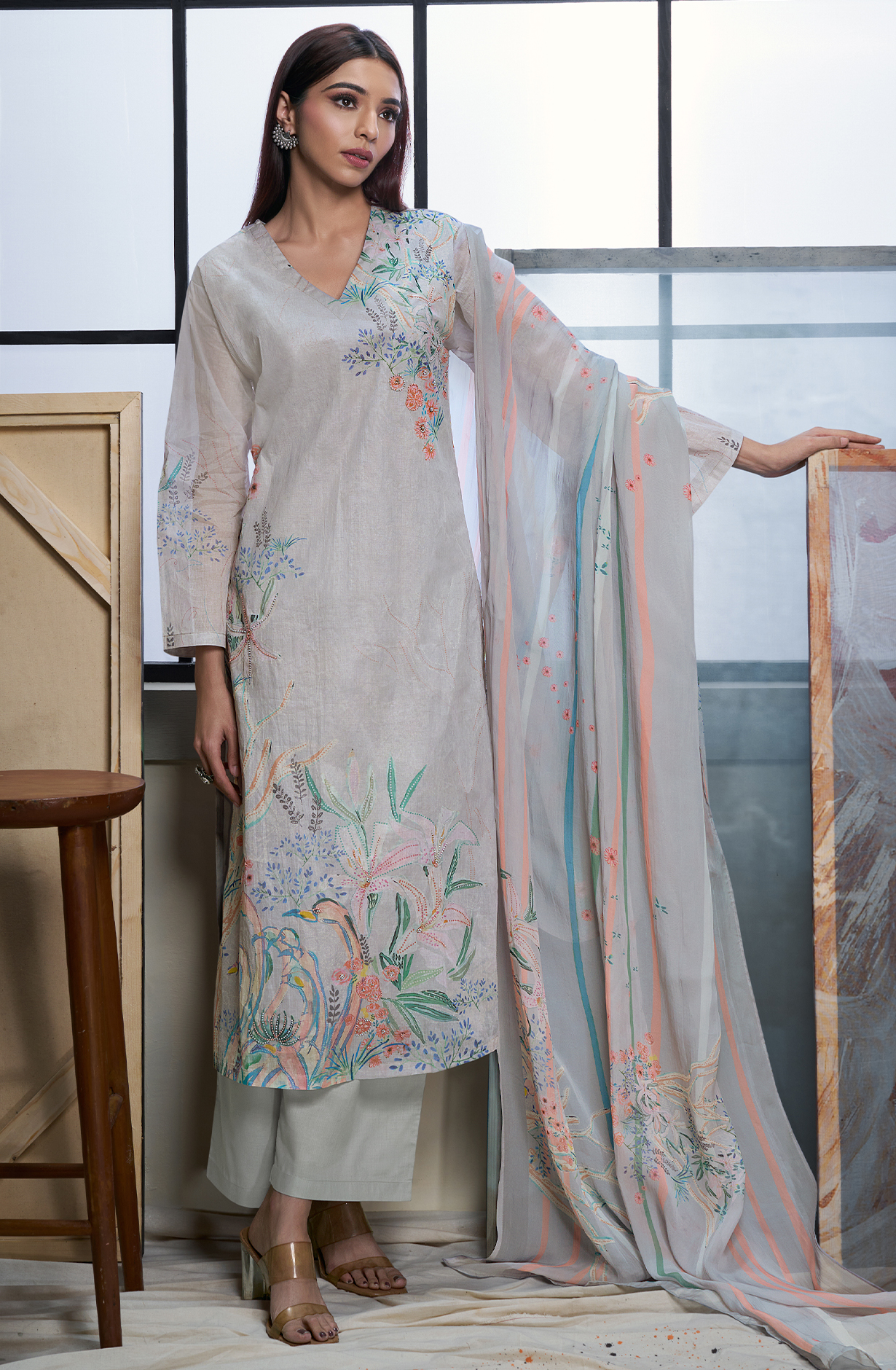 Grey Cotton Digital Printed Unstitched Suit - GUN703