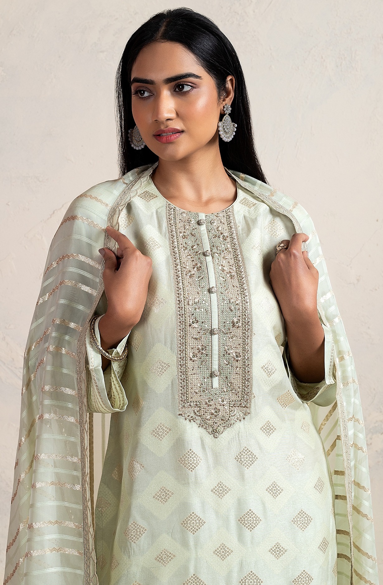 Pista Green Designer Silk Salwar Kameez with Organza Dupatta - R157-SPR1747C