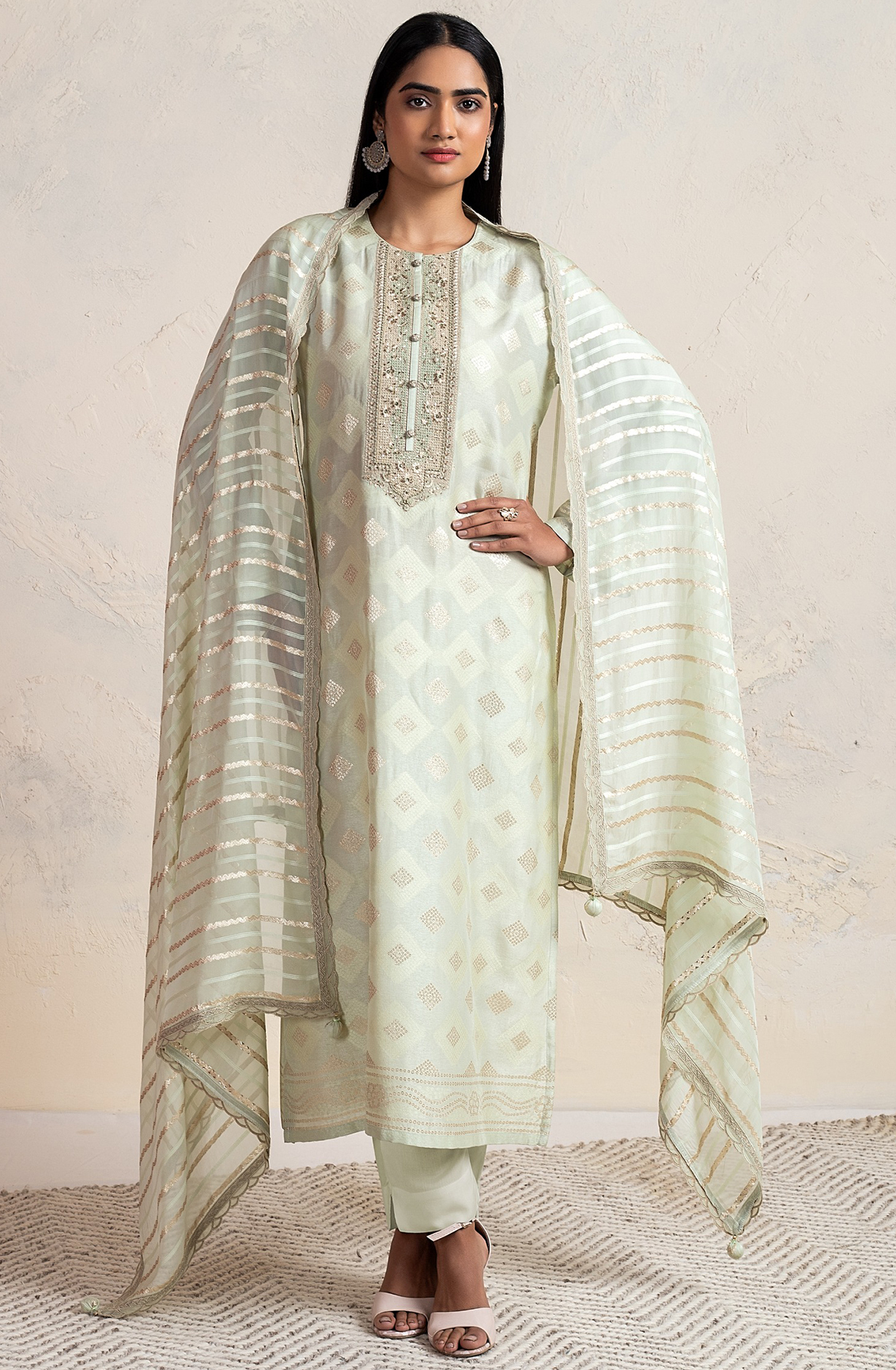 Pista Green Designer Silk Salwar Kameez with Organza Dupatta - R157-SPR1747C