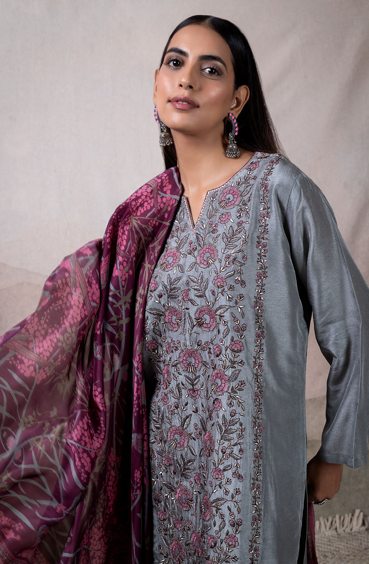 Grey Russian Silk Embroidered Salwar Kameez with Dupatta - VAR2132A