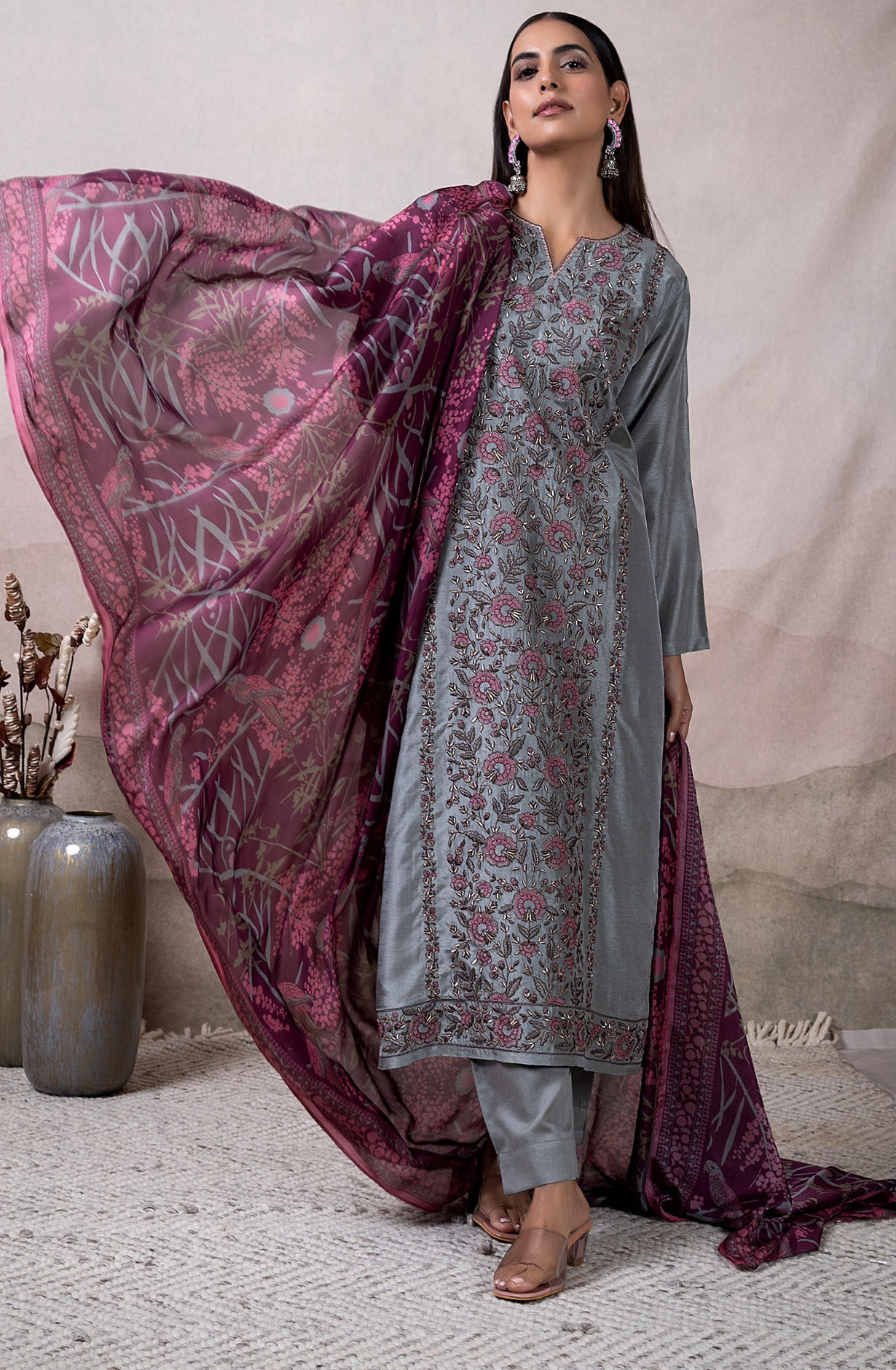 Grey Russian Silk Embroidered Salwar Kameez with Dupatta - VAR2132A