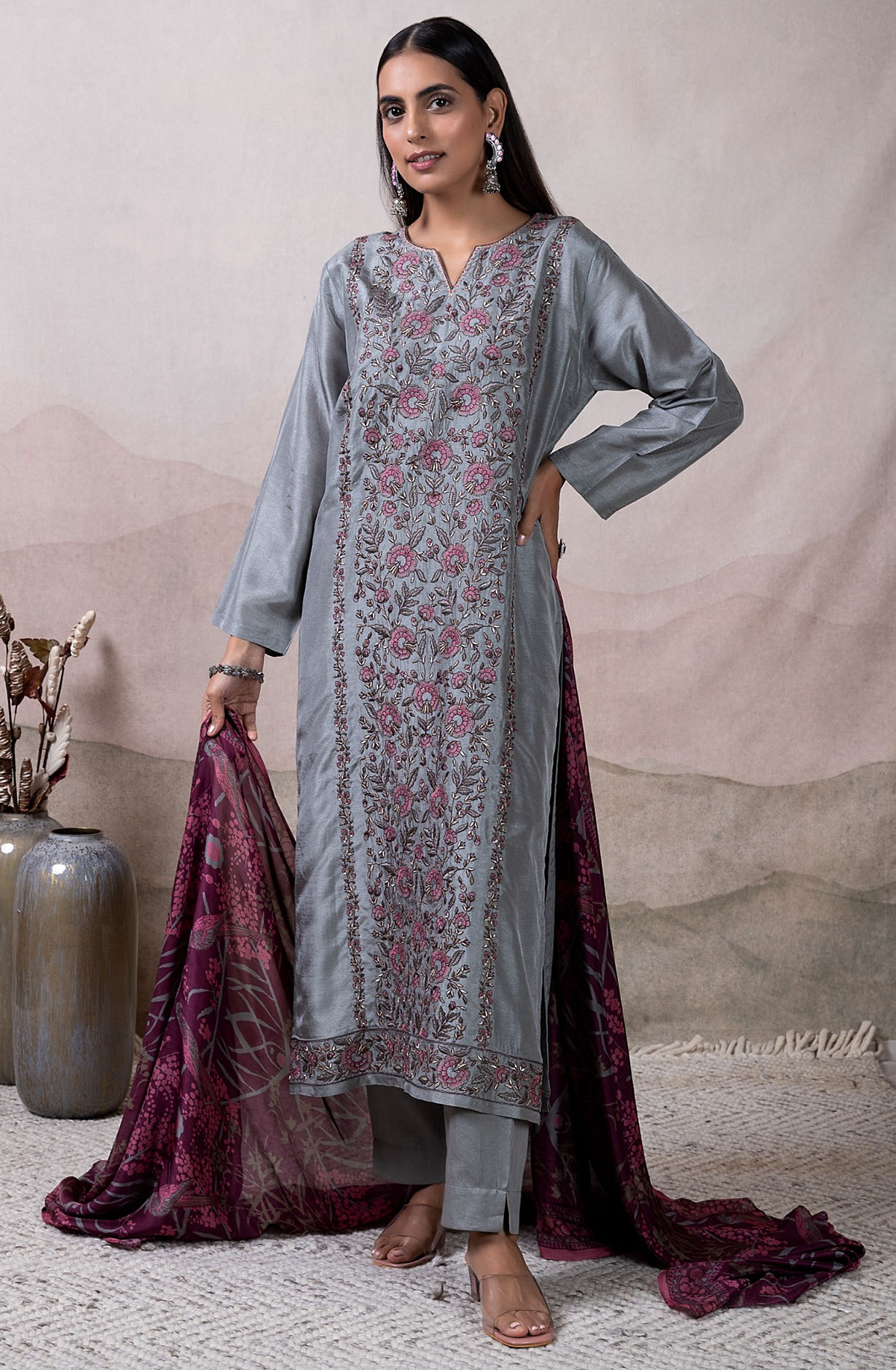 Grey Russian Silk Embroidered Salwar Kameez with Dupatta - VAR2132A