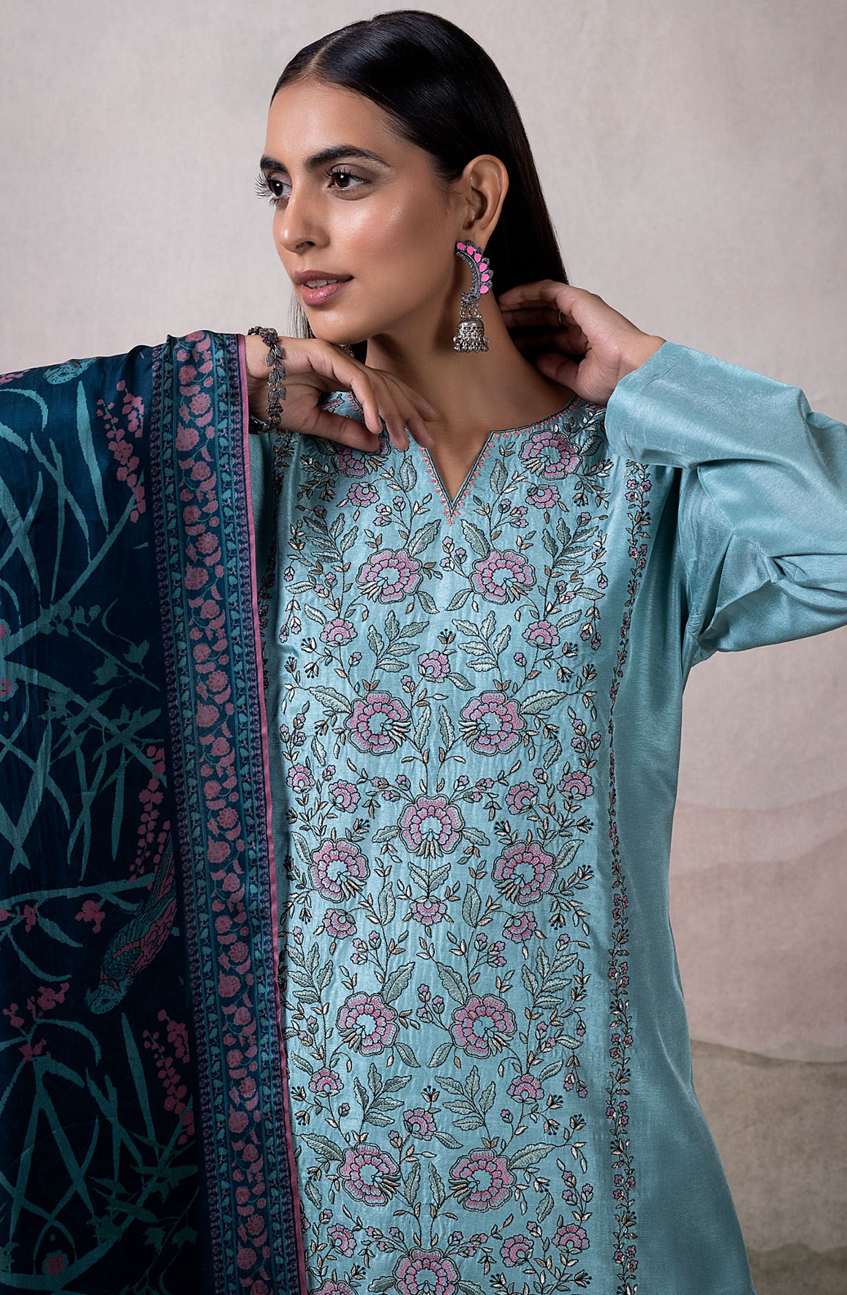 Firozi Russian Silk Embroidered Salwar Kameez with Dupatta - VAR2132B