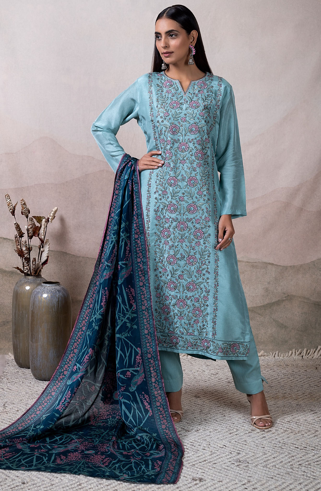 Firozi Russian Silk Embroidered Salwar Kameez with Dupatta - VAR2132B