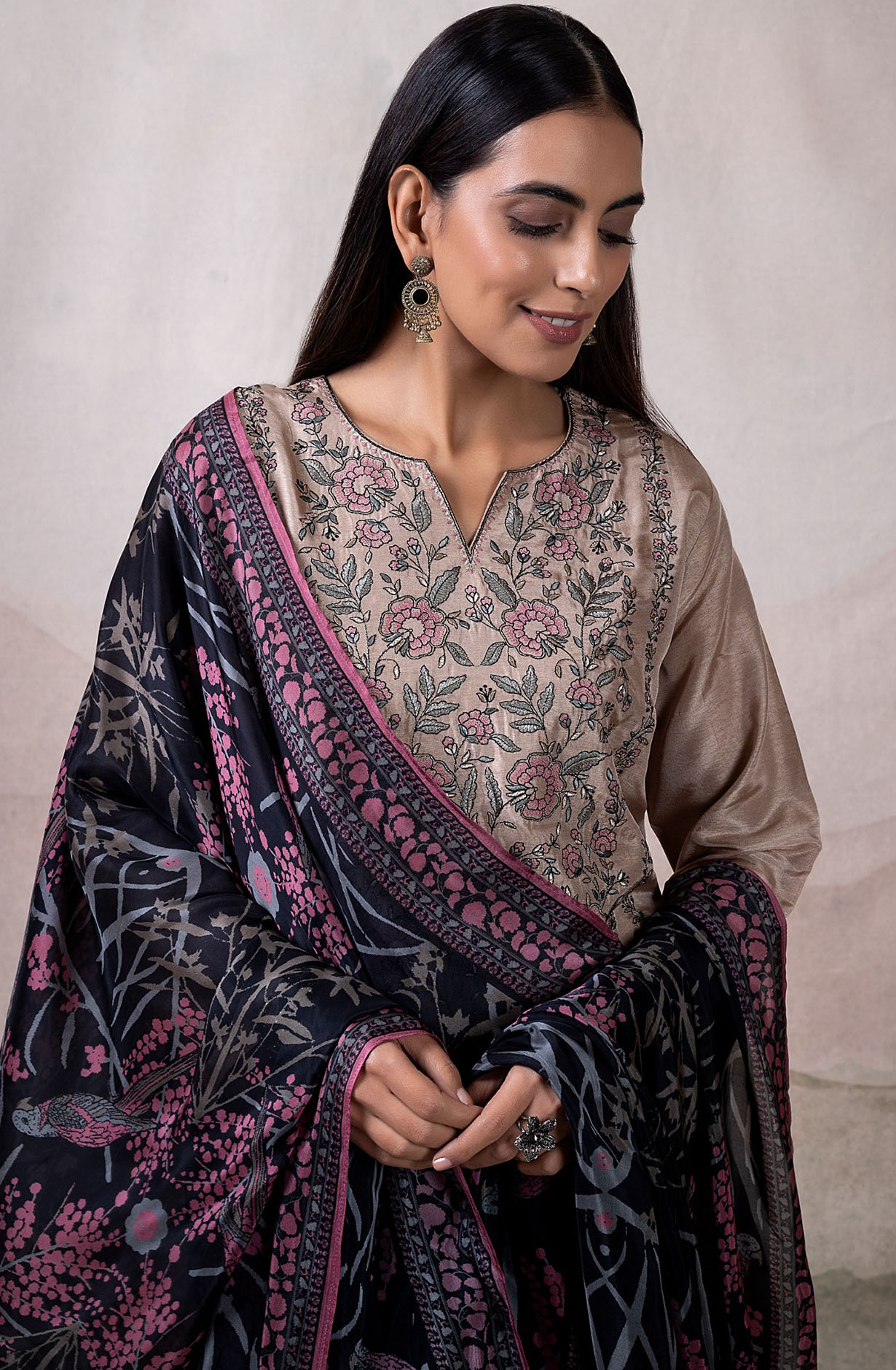Beige Russian Silk Embroidered Salwar Kameez with Dupatta - VAR2132C
