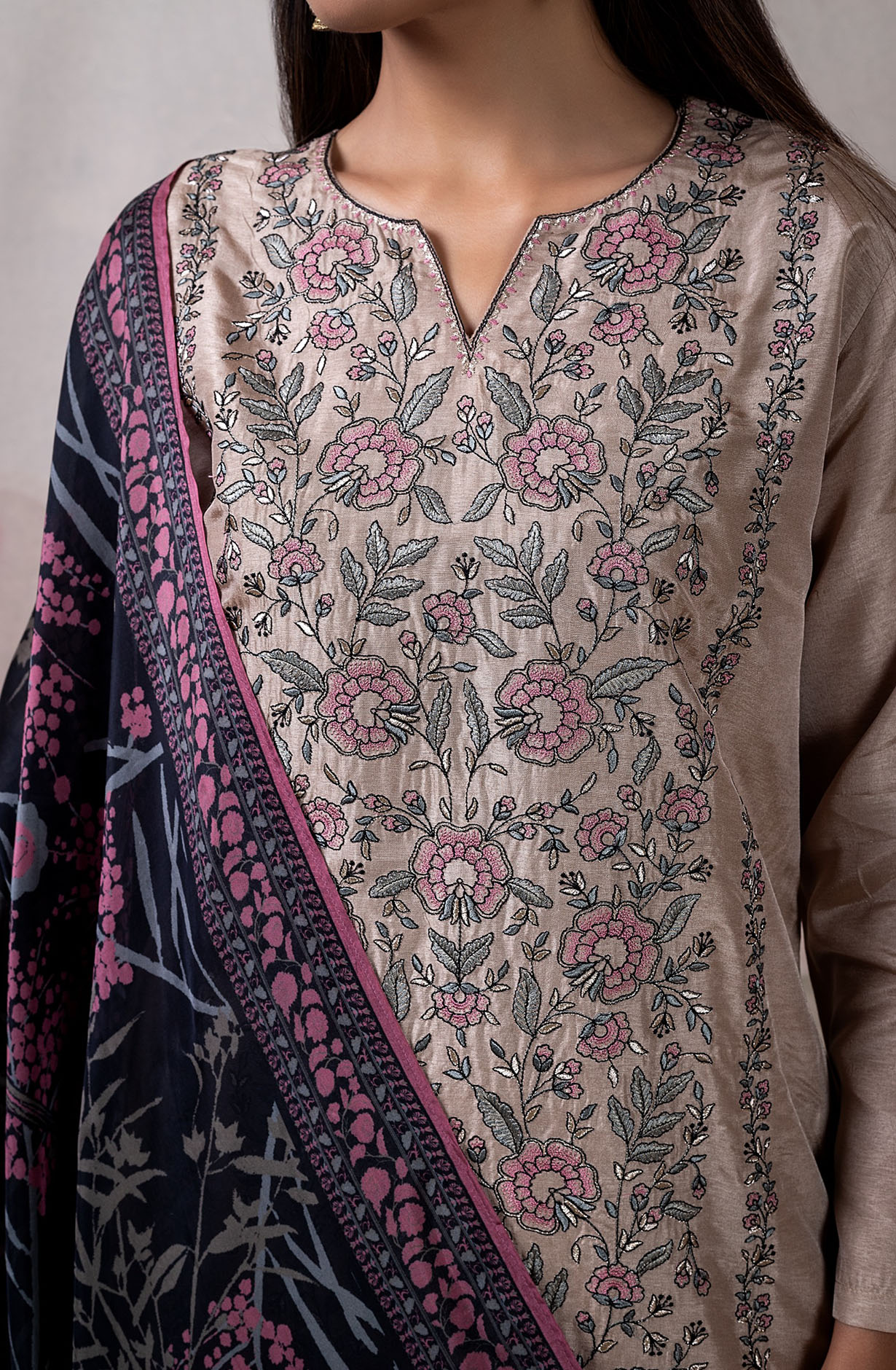 Beige Russian Silk Embroidered Salwar Kameez with Dupatta - VAR2132C