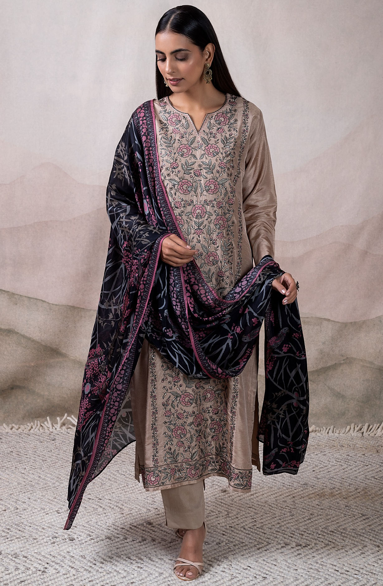 Beige Russian Silk Embroidered Salwar Kameez with Dupatta - VAR2132C