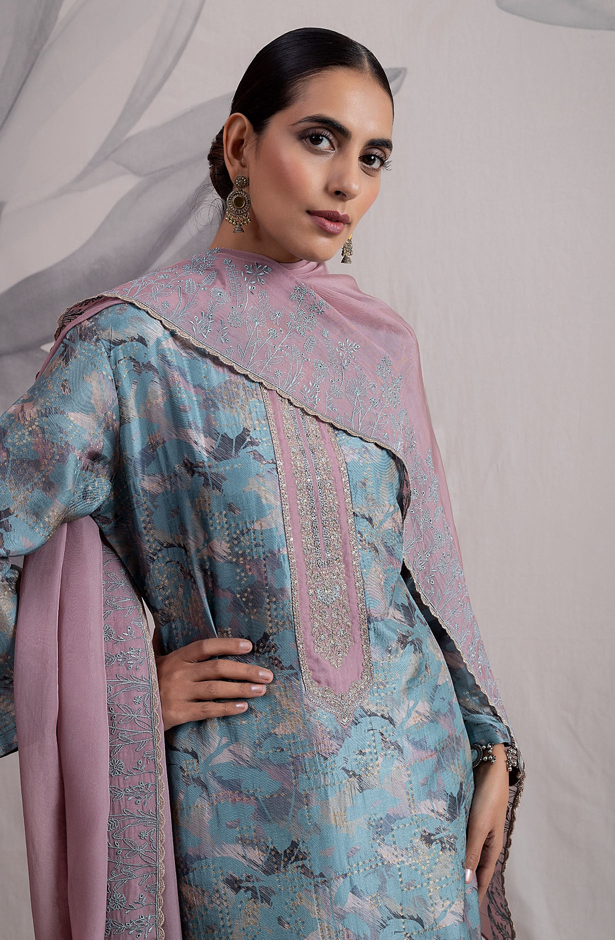 Pastel Blue Designer Silk Salwar Kameez with Organza Dupatta - IND2126