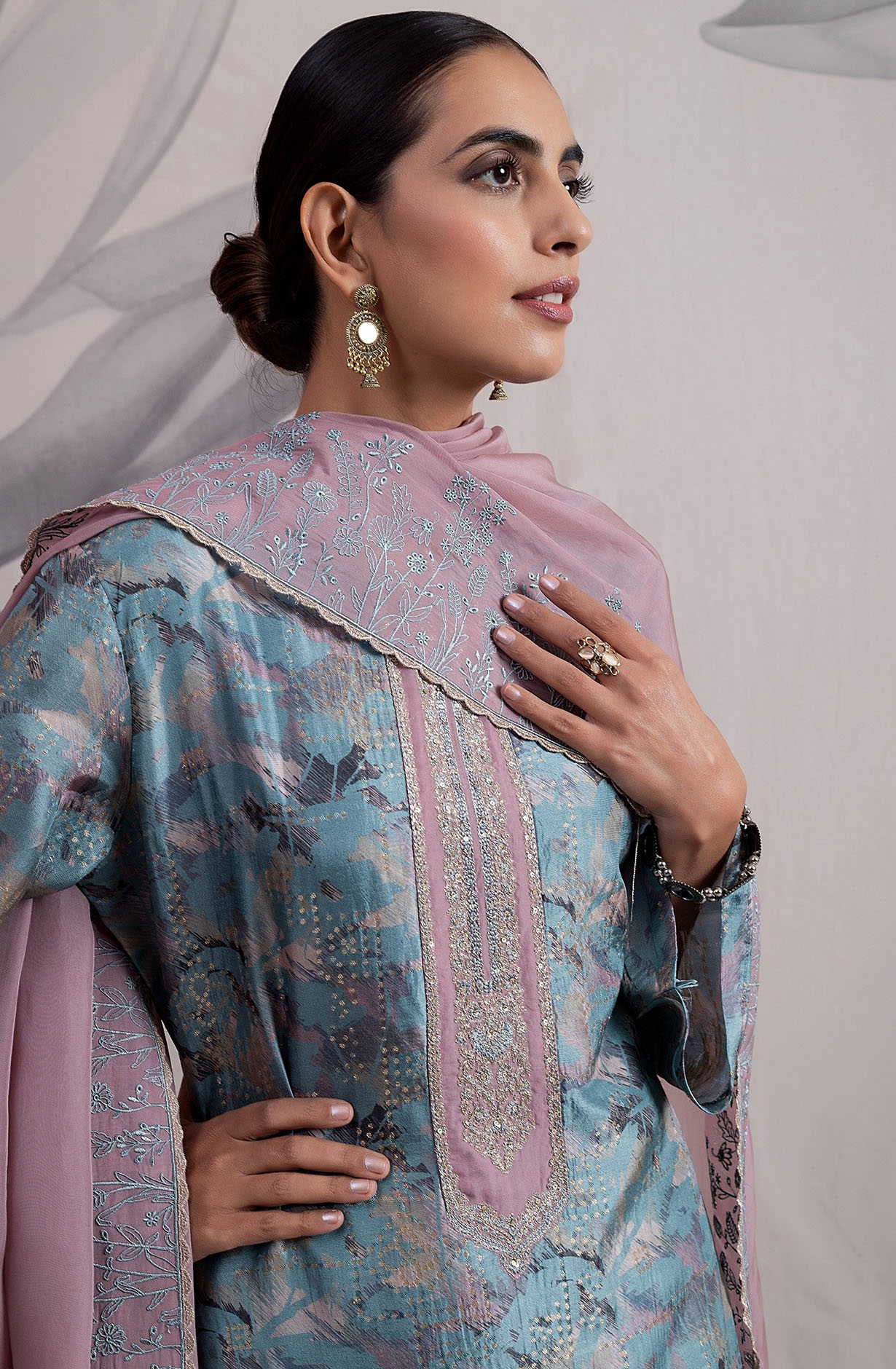 Pastel Blue Designer Silk Salwar Kameez with Organza Dupatta - IND2126