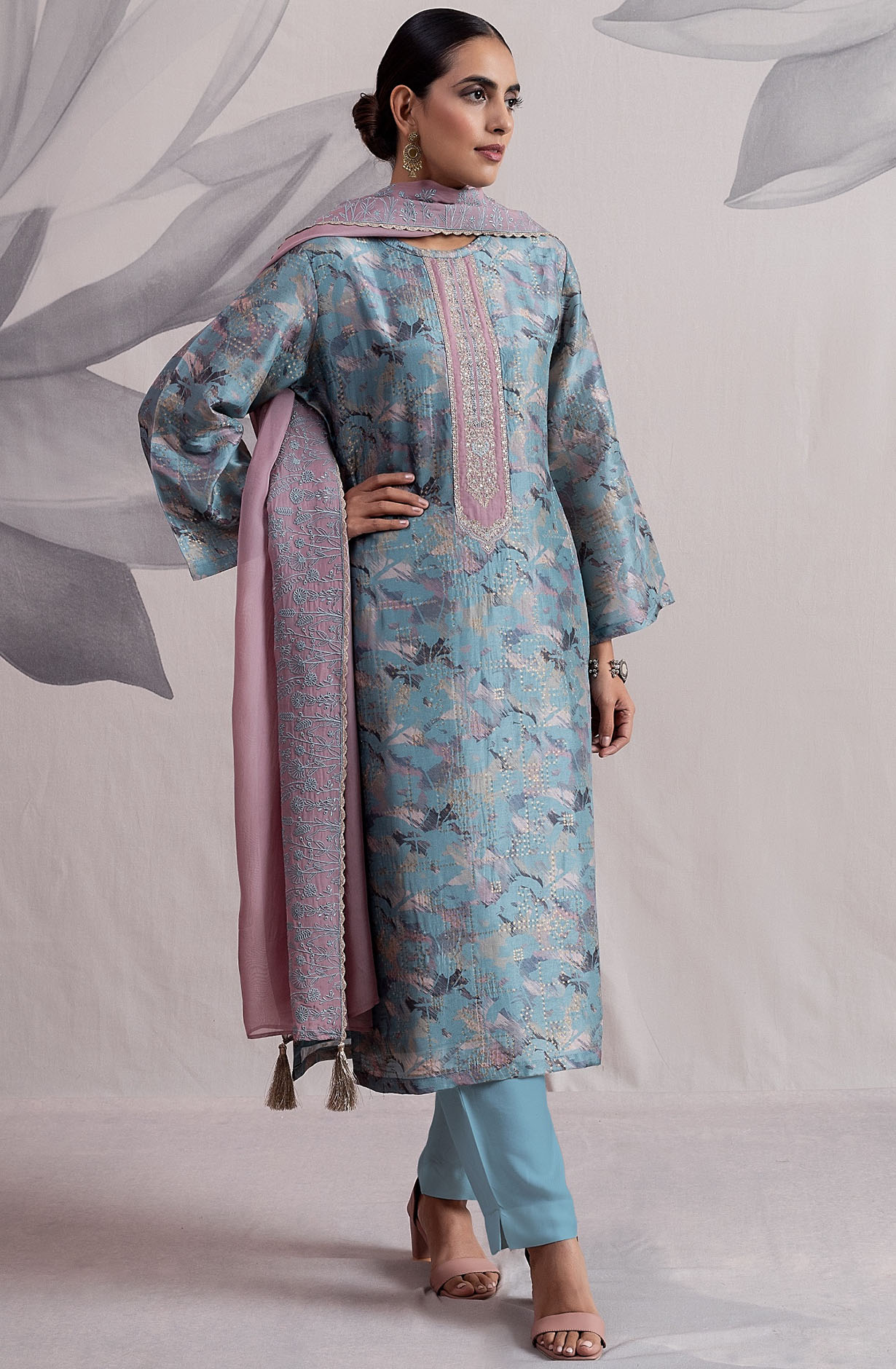 Pastel Blue Designer Silk Salwar Kameez with Organza Dupatta - IND2126