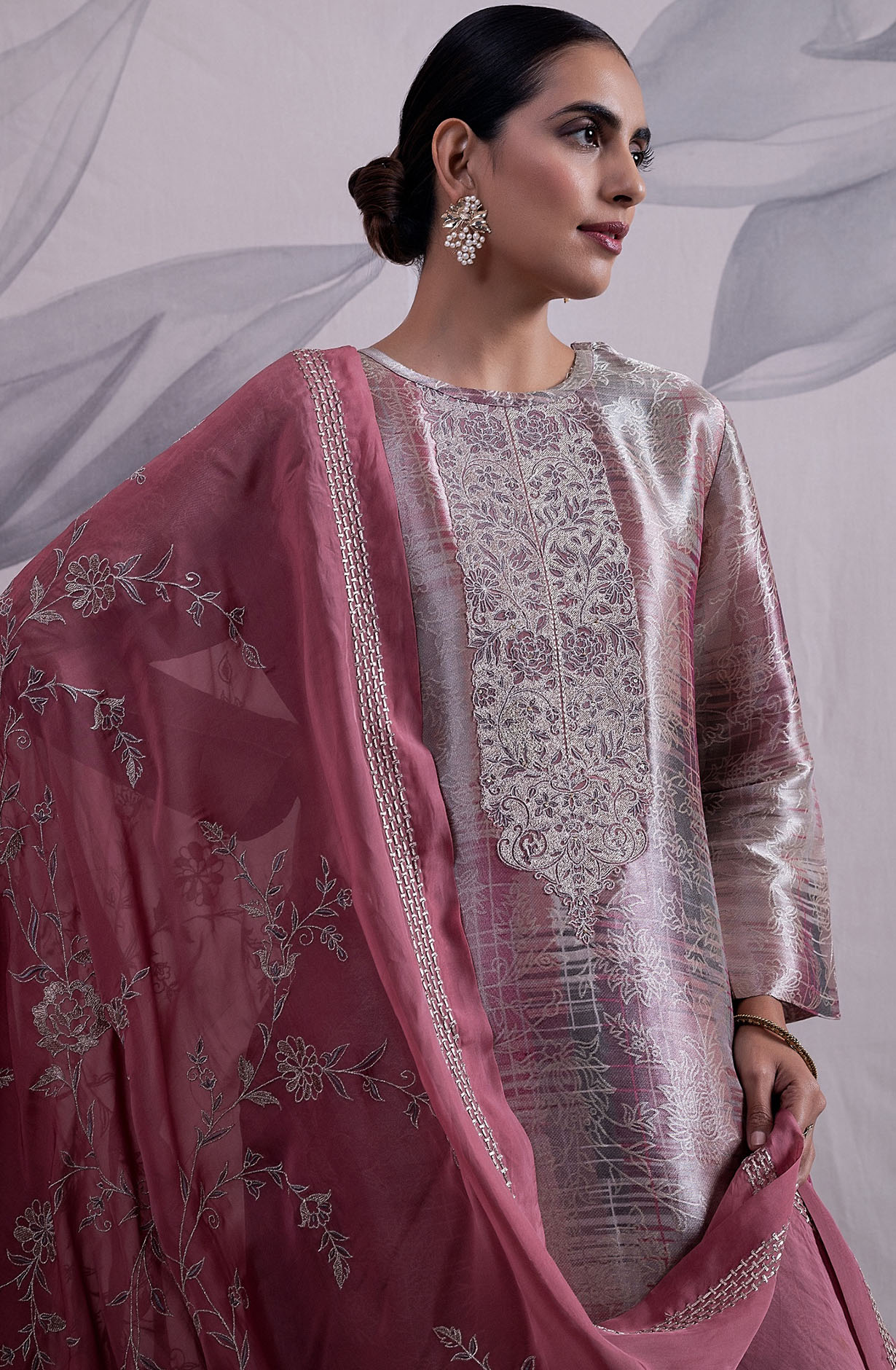 Pink and Grey Luxe Silk Jacquard Salwar Kameez with Organza Dupatta - GLA2125B