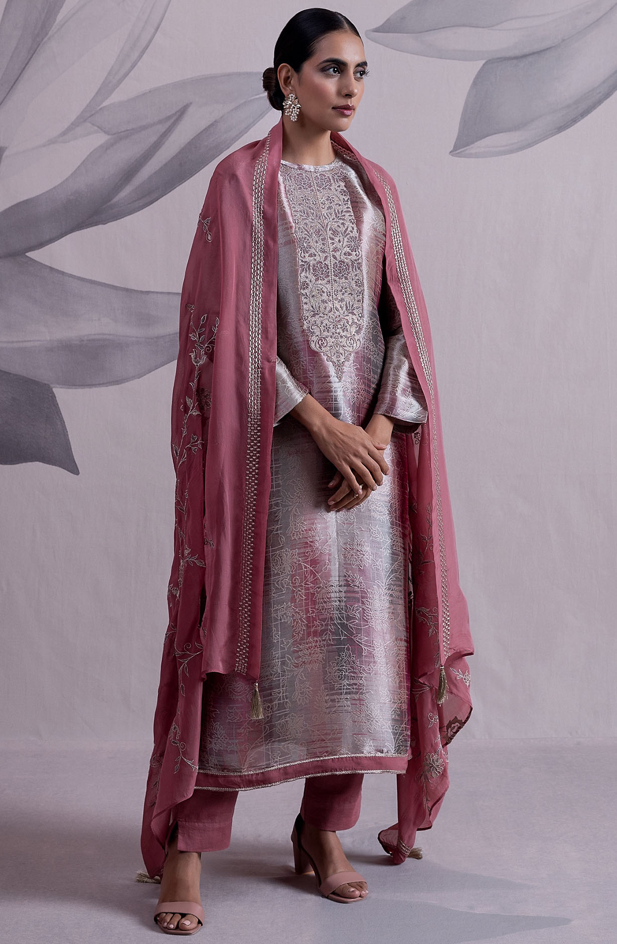 Pink and Grey Luxe Silk Jacquard Salwar Kameez with Organza Dupatta - GLA2125B