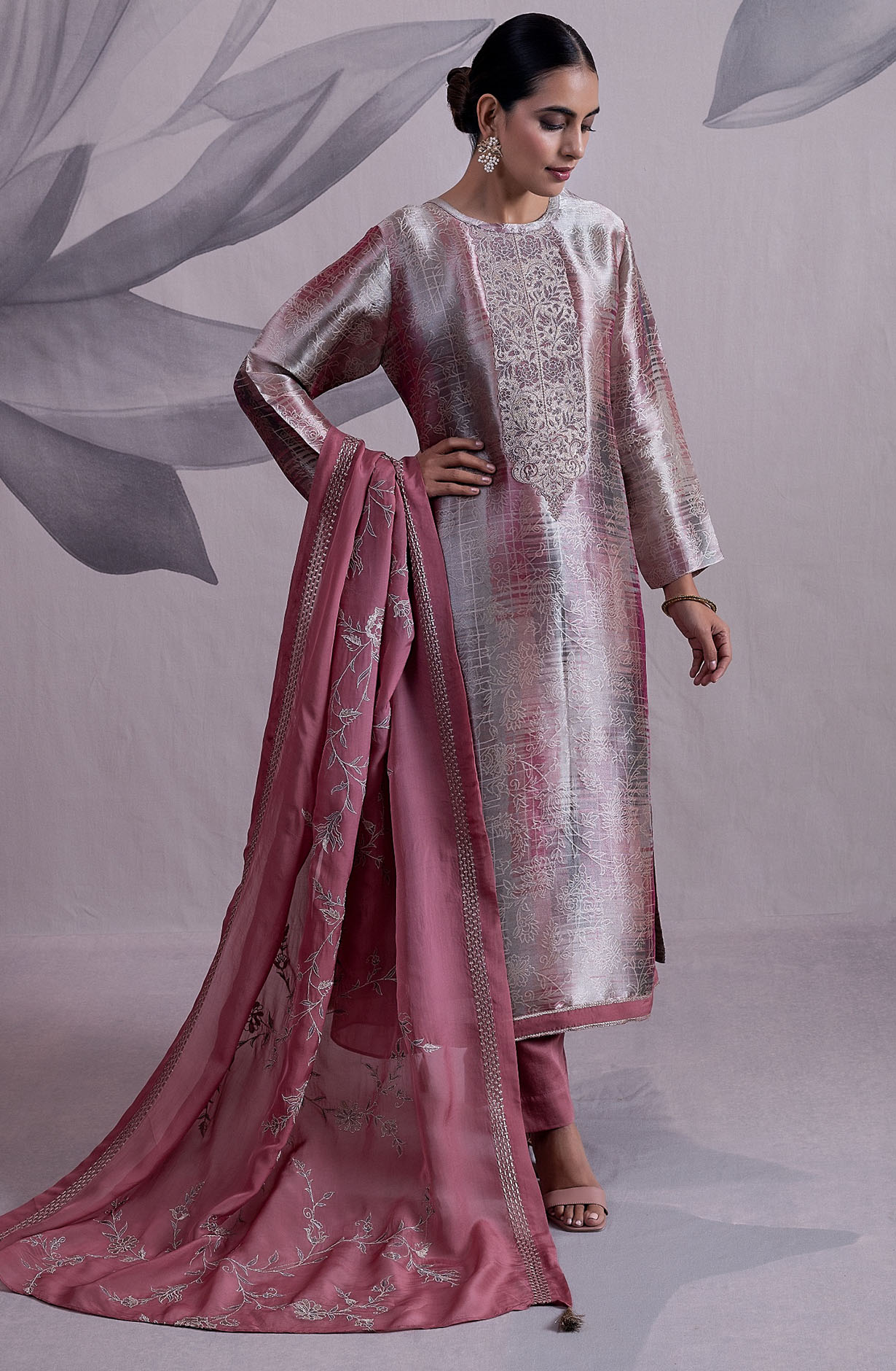Pink and Grey Luxe Silk Jacquard Salwar Kameez with Organza Dupatta - GLA2125B