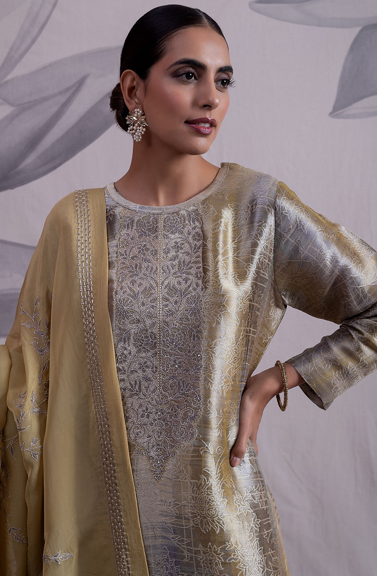 Mehndi and Grey Luxe Silk Jacquard Salwar Kameez with Organza Dupatta - GLA2125A