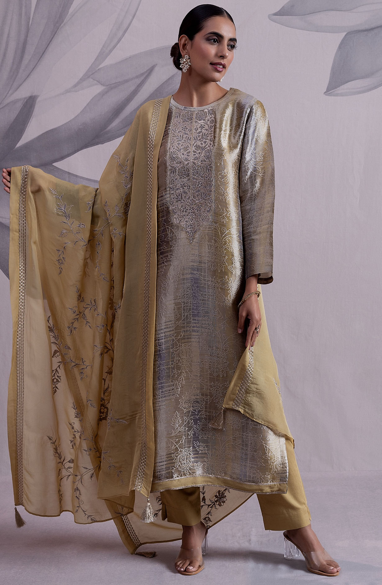 Mehndi and Grey Luxe Silk Jacquard Salwar Kameez with Organza Dupatta - GLA2125A