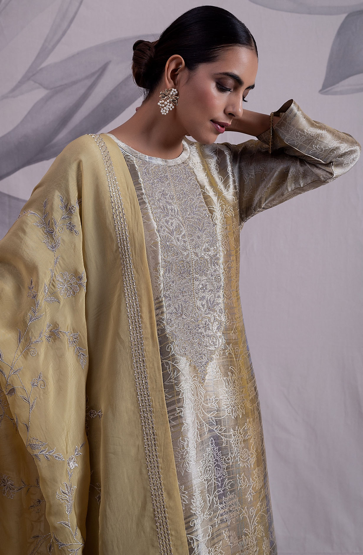 Mehndi and Grey Luxe Silk Jacquard Salwar Kameez with Organza Dupatta - GLA2125A