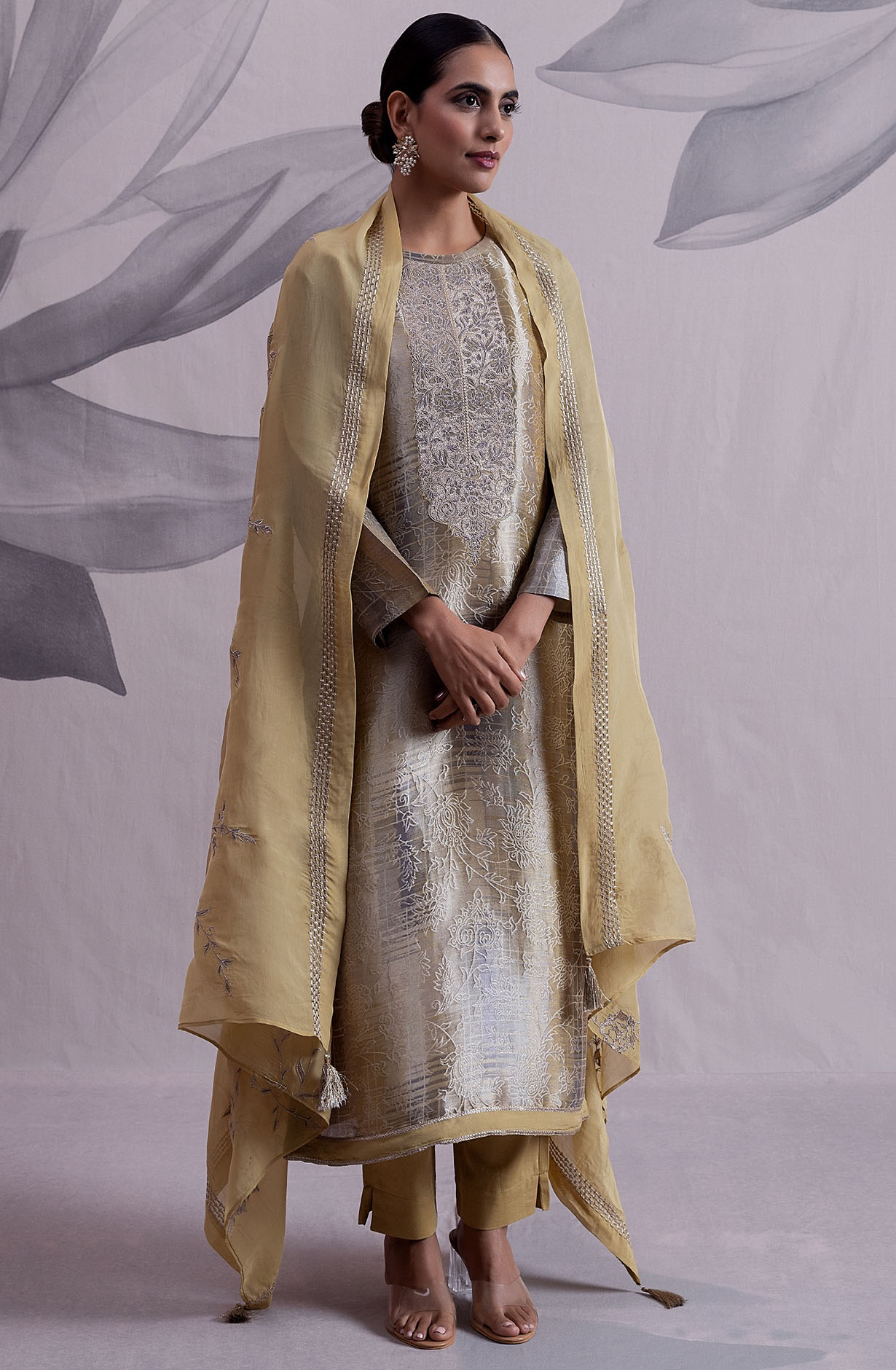 Mehndi and Grey Luxe Silk Jacquard Salwar Kameez with Organza Dupatta - GLA2125A