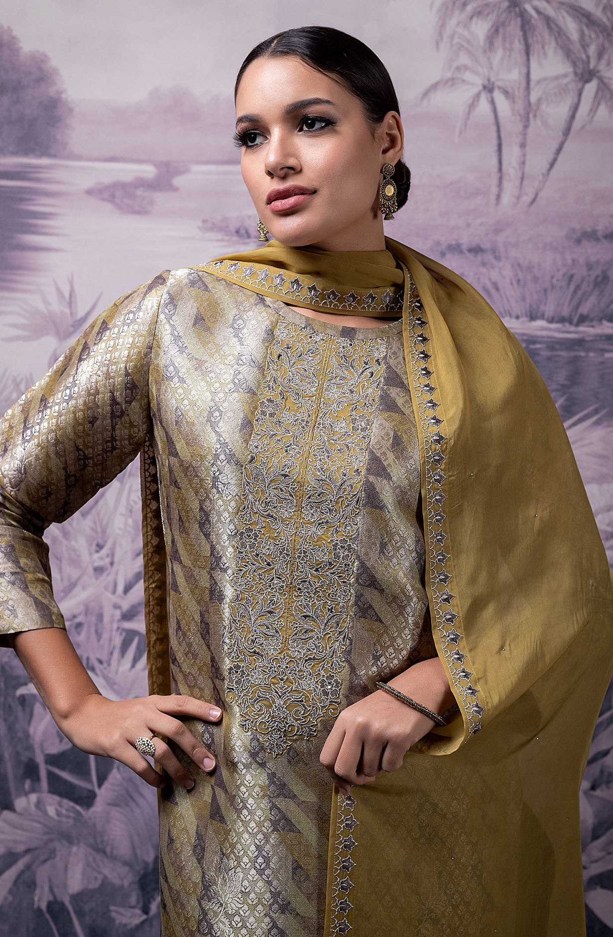 Mehndi Green Luxe Silk Jacquard Salwar Kameez with Organza Dupatta - KAT2123B