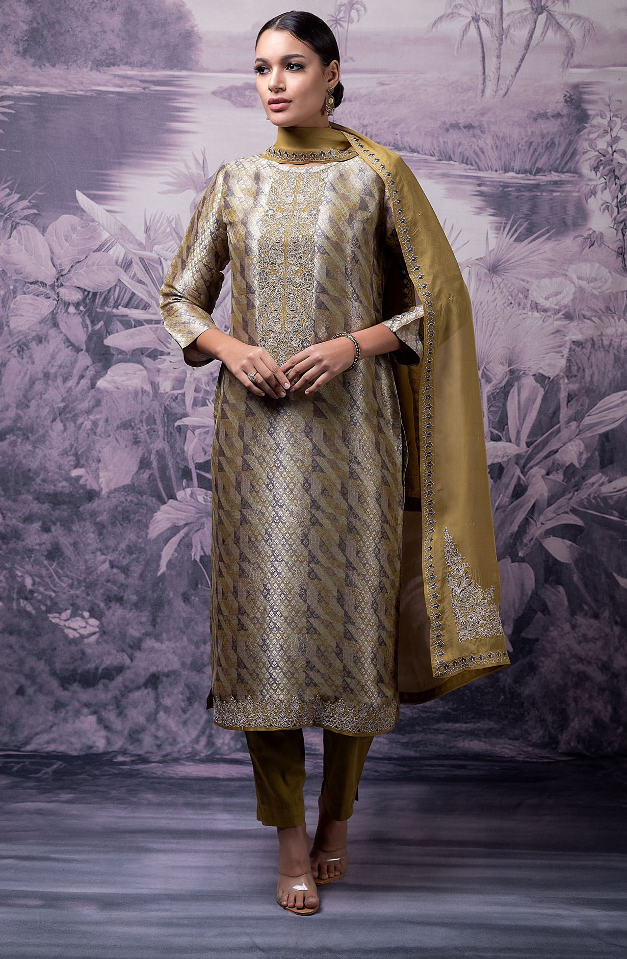 Mehndi Green Luxe Silk Jacquard Salwar Kameez with Organza Dupatta - KAT2123B